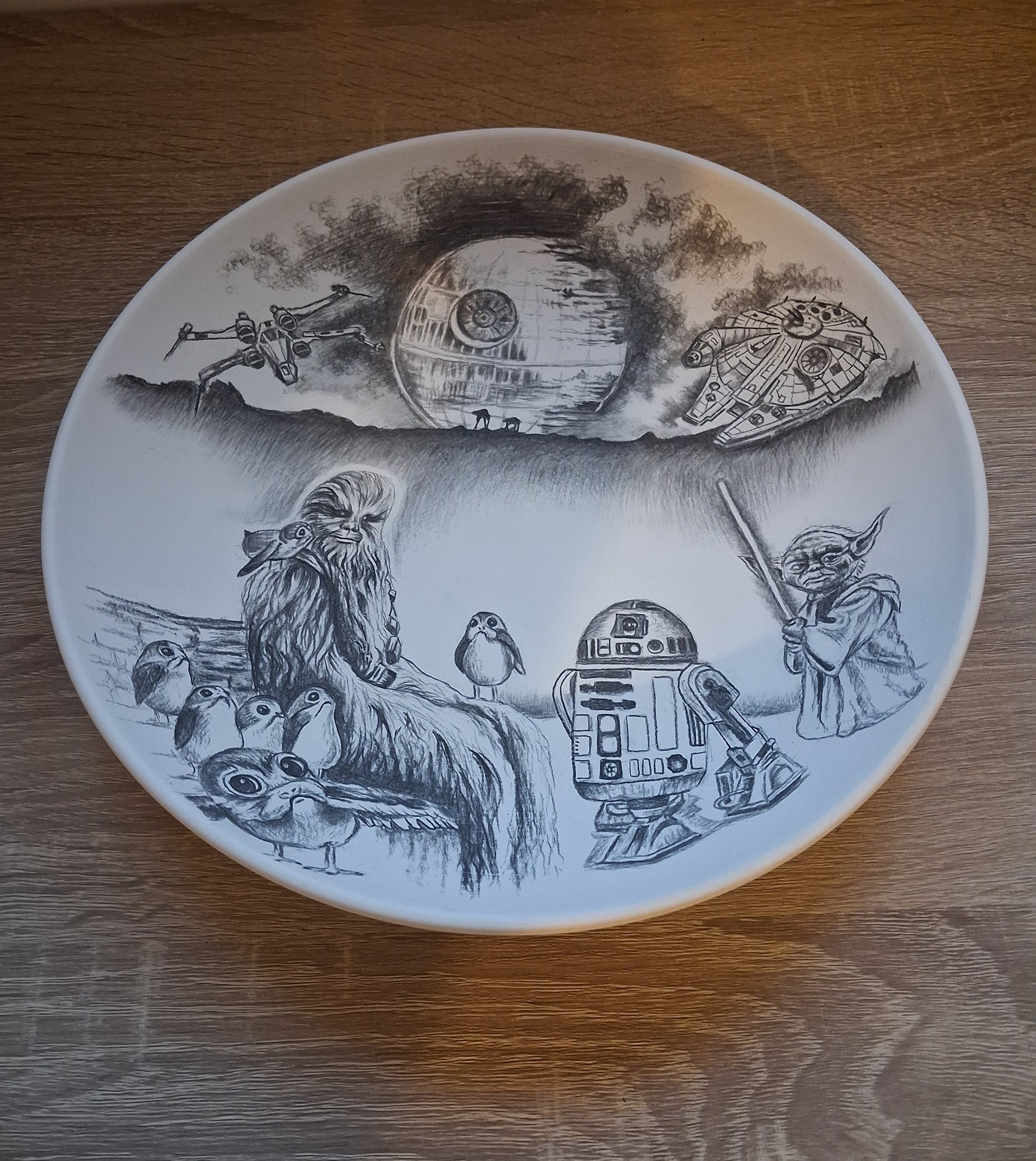 Decorative bowl with Star Wars-themed hand drawn illustrations
